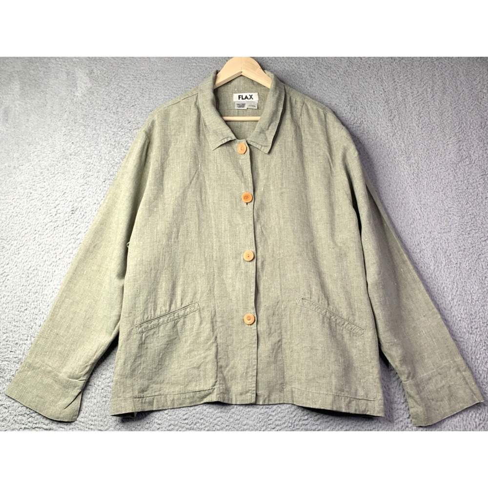 FLAX Jacket Womens Size Large Button Front 100% Linen Pockets Lagenlook Natural